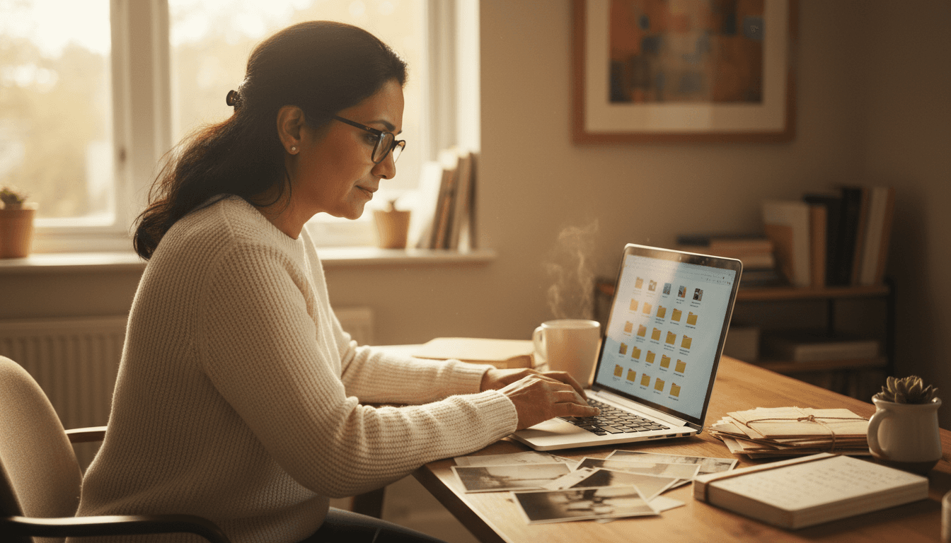 Pet owner reviewing relocation documents with their dog nearby